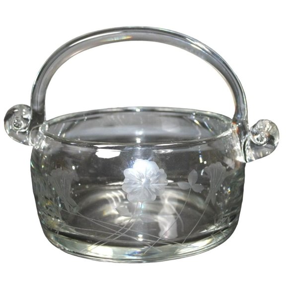Vintage Lead Crystal Glass Basket with Etched Floral Design - Picture 2 of 10
